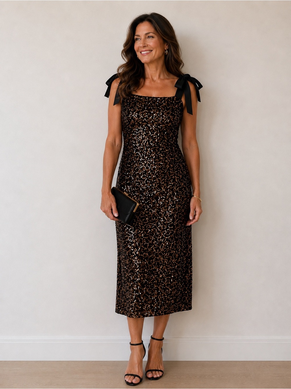 Karl Lagerfeld Black & Gold Sequin Tie-Shoulder Midi Dress